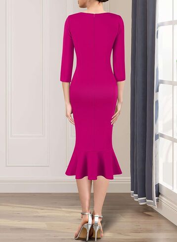 VFSHOW Womens Elegant Vintage Cocktail Party Bodycon Sheath Mermaid Midi Dress Slim Fitted Retro Wedding Guest Semi-Formal Mid-Calf Fishtail Dress (Hot Pink, Small) 6832 HPIK S in Saudi Arabia