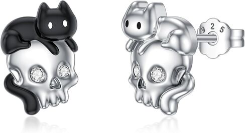 Diamond Skull and Cat Stud Earrings for Women in 925 Sterling Silver in Saudi Arabia