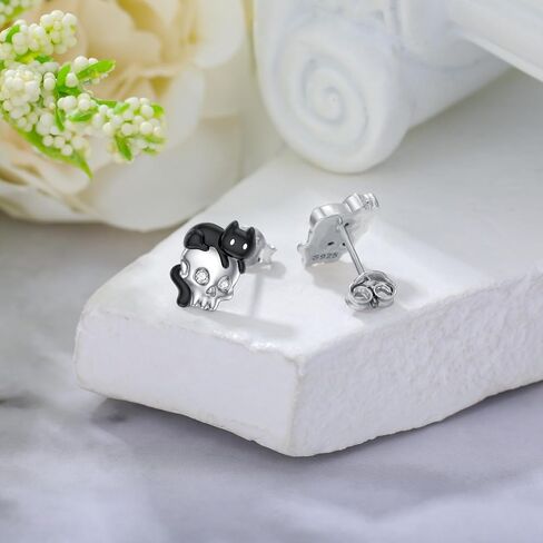 Diamond Skull and Cat Stud Earrings for Women in 925 Sterling Silver in Saudi Arabia