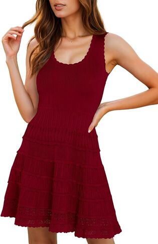 Wenrine Women's Summer Mini Dresses Sleeveless Knitted Crew Neck Casual Crochet Hem Slim Cute Tank Dress in Saudi Arabia