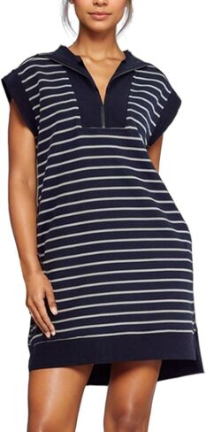Women's Summer Half Zip Ribbed Knit Mini Dresses V Neck Cap Sleeve Striped Pullover Tunic Dress with Pockets in Saudi Arabia