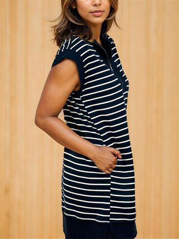Women's Summer Half Zip Ribbed Knit Mini Dresses V Neck Cap Sleeve Striped Pullover Tunic Dress with Pockets in Saudi Arabia