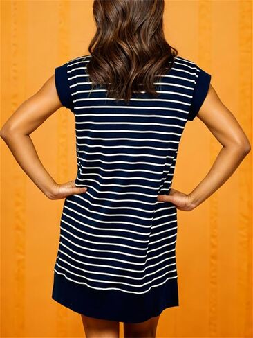 Women's Summer Half Zip Ribbed Knit Mini Dresses V Neck Cap Sleeve Striped Pullover Tunic Dress with Pockets in Saudi Arabia