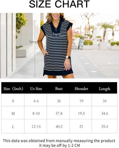 Women's Summer Half Zip Ribbed Knit Mini Dresses V Neck Cap Sleeve Striped Pullover Tunic Dress with Pockets in Saudi Arabia