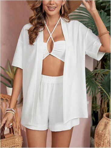 MakeMeChic Women's 3 Piece Outfit Criss Cross Camisole and Straight Leg Shorts with Open Front Summer Shirt in Saudi Arabia