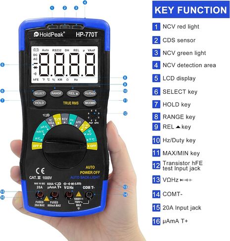 جهاز قياس رقمي متعدد من HOLDPEAK 6000 عدد محلل المدى التلقائي TRMS فولت متر جهاز قياس المقاومة hFE مع مقياس تيار الجهد الكهربي NCV AC/DC، غطاء، درجة الحرارة، عقد البيانات، اختبار الصمام الثنائي، إضاءة خلفية LED، HP-770T in Kuwait