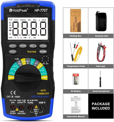 جهاز قياس رقمي متعدد من HOLDPEAK 6000 عدد محلل المدى التلقائي TRMS فولت متر جهاز قياس المقاومة hFE مع مقياس تيار الجهد الكهربي NCV AC/DC، غطاء، درجة الحرارة، عقد البيانات، اختبار الصمام الثنائي، إضاءة خلفية LED، HP-770T in Kuwait