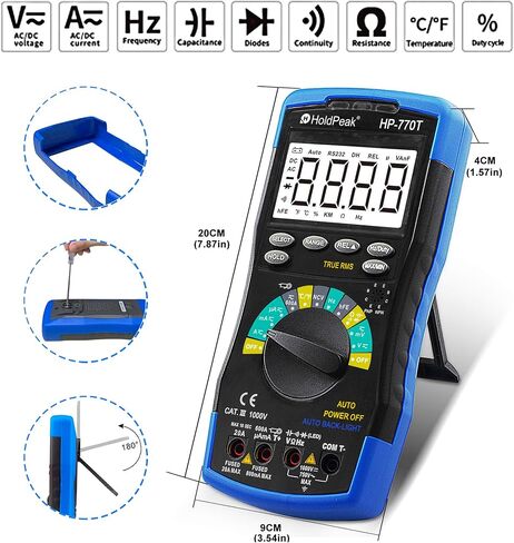 جهاز قياس رقمي متعدد من HOLDPEAK 6000 عدد محلل المدى التلقائي TRMS فولت متر جهاز قياس المقاومة hFE مع مقياس تيار الجهد الكهربي NCV AC/DC، غطاء، درجة الحرارة، عقد البيانات، اختبار الصمام الثنائي، إضاءة خلفية LED، HP-770T in Kuwait
