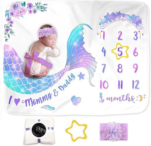 BrandKingShop Milestone Blanket طفلة، حورية البحر طفل شهري بطانية صورة مايلستون لحديثي الولادة، دعامة تصوير من الصوف السميك للطفل، تتضمن إطارًا واحدًا + عصابة رأس واحدة، 60 بوصة × 40 بوصة، BM001 in Saudi Arabia