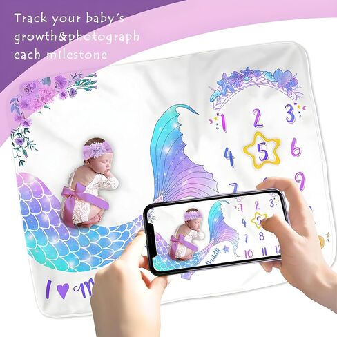 BrandKingShop Milestone Blanket طفلة، حورية البحر طفل شهري بطانية صورة مايلستون لحديثي الولادة، دعامة تصوير من الصوف السميك للطفل، تتضمن إطارًا واحدًا + عصابة رأس واحدة، 60 بوصة × 40 بوصة، BM001 in Saudi Arabia