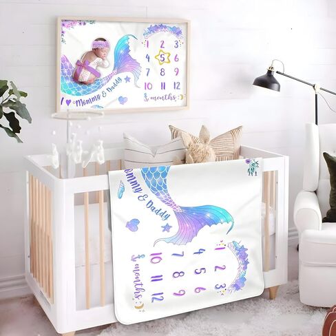 BrandKingShop Milestone Blanket طفلة، حورية البحر طفل شهري بطانية صورة مايلستون لحديثي الولادة، دعامة تصوير من الصوف السميك للطفل، تتضمن إطارًا واحدًا + عصابة رأس واحدة، 60 بوصة × 40 بوصة، BM001 in Saudi Arabia