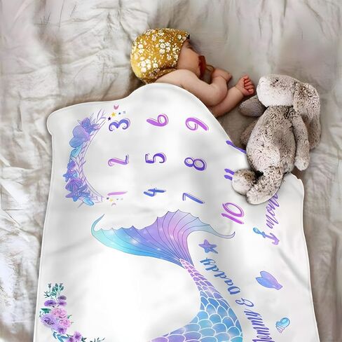 BrandKingShop Milestone Blanket طفلة، حورية البحر طفل شهري بطانية صورة مايلستون لحديثي الولادة، دعامة تصوير من الصوف السميك للطفل، تتضمن إطارًا واحدًا + عصابة رأس واحدة، 60 بوصة × 40 بوصة، BM001 in Saudi Arabia