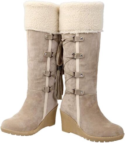 Holibanna Women Mid-calf Boots Lace up Fashion Chunky Wedges Heel Boots Tassel Cowboy Cowgirl Boots Round-toe Knee Thigh High Boots in Saudi Arabia