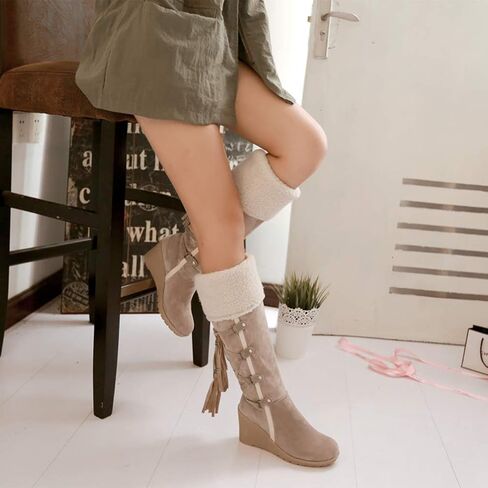 Holibanna Women Mid-calf Boots Lace up Fashion Chunky Wedges Heel Boots Tassel Cowboy Cowgirl Boots Round-toe Knee Thigh High Boots in Saudi Arabia
