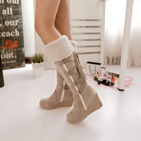 Holibanna Women Mid-calf Boots Lace up Fashion Chunky Wedges Heel Boots Tassel Cowboy Cowgirl Boots Round-toe Knee Thigh High Boots in Saudi Arabia