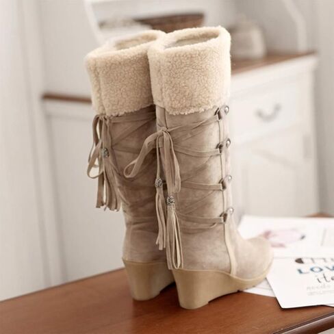Holibanna Women Mid-calf Boots Lace up Fashion Chunky Wedges Heel Boots Tassel Cowboy Cowgirl Boots Round-toe Knee Thigh High Boots in Saudi Arabia