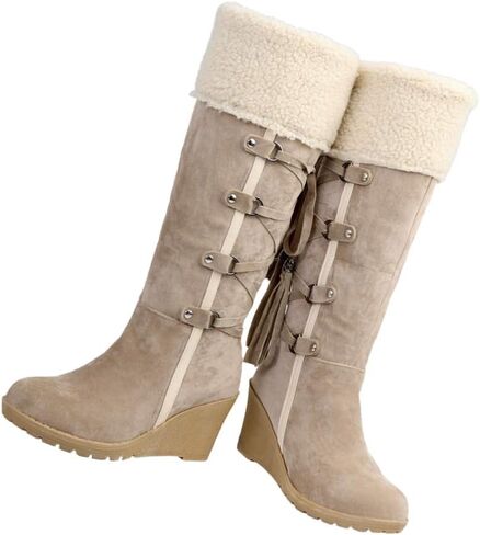 Holibanna Women Mid-calf Boots Lace up Fashion Chunky Wedges Heel Boots Tassel Cowboy Cowgirl Boots Round-toe Knee Thigh High Boots in Saudi Arabia