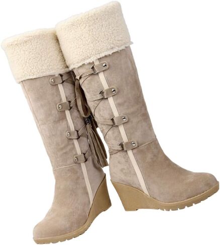 Holibanna Women Mid-calf Boots Lace up Fashion Chunky Wedges Heel Boots Tassel Cowboy Cowgirl Boots Round-toe Knee Thigh High Boots in Saudi Arabia