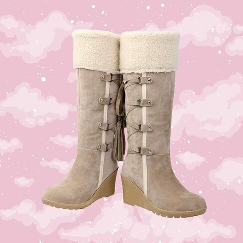 Holibanna Women Mid-calf Boots Lace up Fashion Chunky Wedges Heel Boots Tassel Cowboy Cowgirl Boots Round-toe Knee Thigh High Boots in Saudi Arabia