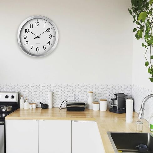 Wall Clock, Modern 12 Inch Battery Operated Wall Clocks, Silent Non-Ticking Aluminum Clock for Bedroom, Kitchen, Living Room Decor, Easy to Read, Lightweight, Silver in Saudi Arabia