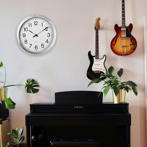 Wall Clock, Modern 12 Inch Battery Operated Wall Clocks, Silent Non-Ticking Aluminum Clock for Bedroom, Kitchen, Living Room Decor, Easy to Read, Lightweight, Silver in Saudi Arabia