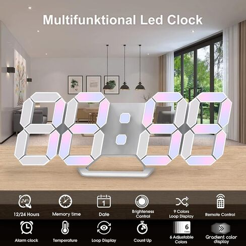 WISE TIGER Led Digital Alarm Clock 3D Small Wall Clock Snooze Dimmable Time Memory 12/24H Date Temperature Remote Control Night Light Office Kitchen Living Room Bedroom (15 Inch, Black) in Kuwait
