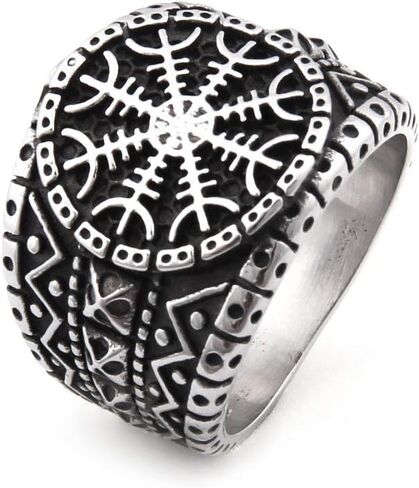 خاتم BAVIPOWER Viking Vegvisir Norse Compass Valknut رمز شجرة الحياة أودين Yggdrasil Helm of Awe Rune من الفولاذ المقاوم للصدأ للرجال in Saudi Arabia