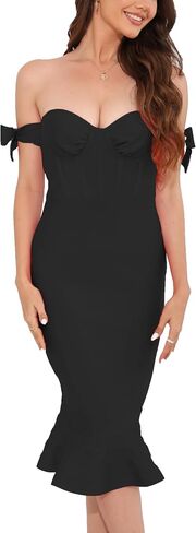 Women's Midi Dress Off Shoulder Bow Mermaid Tummy Control Bodycon Dresses Wedding Guest Cocktail Party Dress in Saudi Arabia