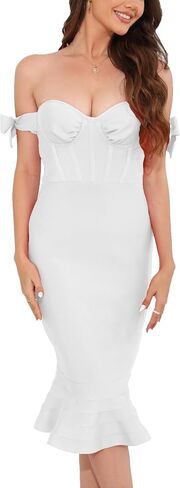 Women's Midi Dress Off Shoulder Bow Mermaid Tummy Control Bodycon Dresses Wedding Guest Cocktail Party Dress in Saudi Arabia