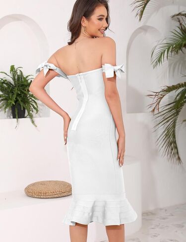 Women's Midi Dress Off Shoulder Bow Mermaid Tummy Control Bodycon Dresses Wedding Guest Cocktail Party Dress in Saudi Arabia