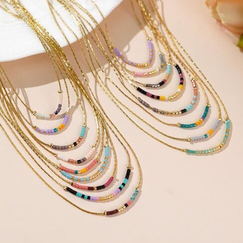 Gold Dainty Beaded Choker Necklaces for Women Teen Girls, Simple Handmade Layered Seed Beads Chain Necklace Summer Beach Bohemian Jewelry Gift in Saudi Arabia