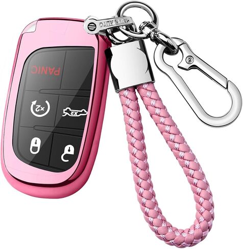 Autophone متوافق مع غطاء Jeep Dodge Key Fob مع سلسلة مفاتيح جلدية حافظة مفاتيح حماية ناعمة من مادة TPU لشاحن Challenger Dart Journey Durango Grand Caravan RAM Fiat Smart Key، وردي in Kuwait