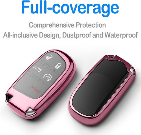 Autophone متوافق مع غطاء Jeep Dodge Key Fob مع سلسلة مفاتيح جلدية حافظة مفاتيح حماية ناعمة من مادة TPU لشاحن Challenger Dart Journey Durango Grand Caravan RAM Fiat Smart Key، وردي in Kuwait