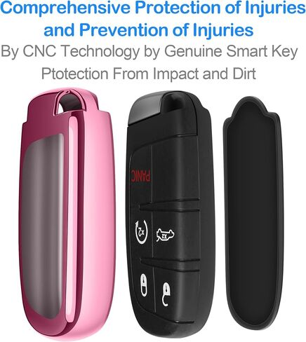 Autophone متوافق مع غطاء Jeep Dodge Key Fob مع سلسلة مفاتيح جلدية حافظة مفاتيح حماية ناعمة من مادة TPU لشاحن Challenger Dart Journey Durango Grand Caravan RAM Fiat Smart Key، وردي in Kuwait