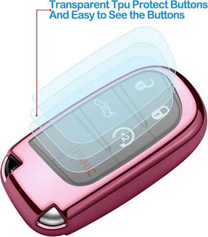 Autophone متوافق مع غطاء Jeep Dodge Key Fob مع سلسلة مفاتيح جلدية حافظة مفاتيح حماية ناعمة من مادة TPU لشاحن Challenger Dart Journey Durango Grand Caravan RAM Fiat Smart Key، وردي in Kuwait
