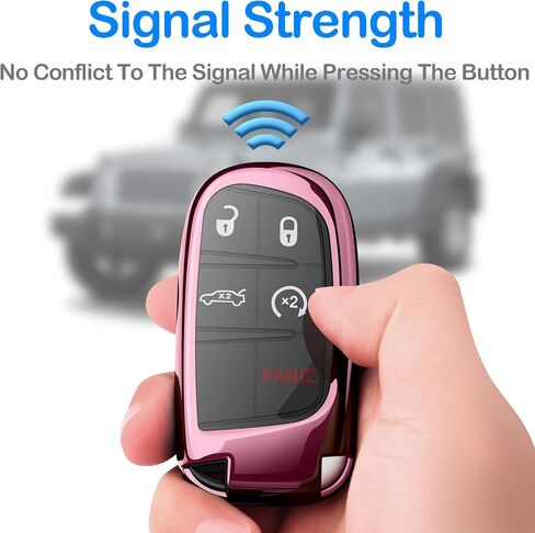 Autophone متوافق مع غطاء Jeep Dodge Key Fob مع سلسلة مفاتيح جلدية حافظة مفاتيح حماية ناعمة من مادة TPU لشاحن Challenger Dart Journey Durango Grand Caravan RAM Fiat Smart Key، وردي in Kuwait