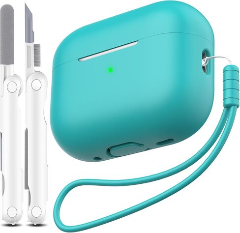 غطاء حافظة AirPods Pro من الجيل الثاني، غطاء حماية من السيليكون الناعم المقاوم للسقوط وممتص للصدمات، غطاء AirPods Pro ملمس جلدي مع سلسلة مفاتيح ومجموعة تنظيف، شاشة LED أمامية مرئية، أزرق سماوي in Kuwait