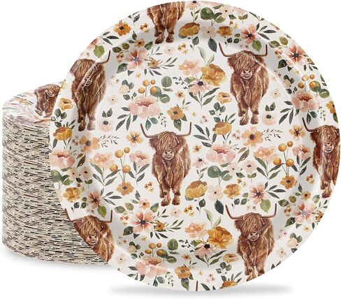 AnyDesign Boho Floral Highland Cow Paper Plates 9 Inch Watercolor Flower Cow Disposable Round Plates Rustic Tableware Dessert Plates for Farmhouse Birthday Baby Shower Wedding, 50Pcs in Saudi Arabia