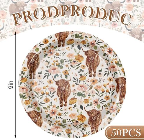 AnyDesign Boho Floral Highland Cow Paper Plates 9 Inch Watercolor Flower Cow Disposable Round Plates Rustic Tableware Dessert Plates for Farmhouse Birthday Baby Shower Wedding, 50Pcs in Saudi Arabia