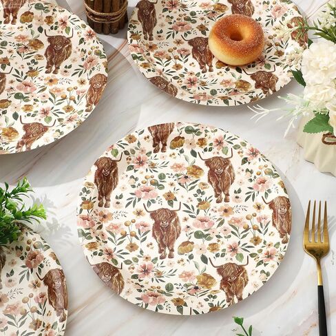 AnyDesign Boho Floral Highland Cow Paper Plates 9 Inch Watercolor Flower Cow Disposable Round Plates Rustic Tableware Dessert Plates for Farmhouse Birthday Baby Shower Wedding, 50Pcs in Saudi Arabia