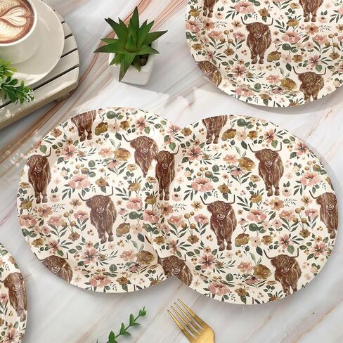AnyDesign Boho Floral Highland Cow Paper Plates 9 Inch Watercolor Flower Cow Disposable Round Plates Rustic Tableware Dessert Plates for Farmhouse Birthday Baby Shower Wedding, 50Pcs in Saudi Arabia