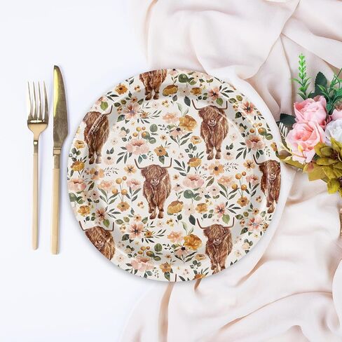 AnyDesign Boho Floral Highland Cow Paper Plates 9 Inch Watercolor Flower Cow Disposable Round Plates Rustic Tableware Dessert Plates for Farmhouse Birthday Baby Shower Wedding, 50Pcs in Saudi Arabia