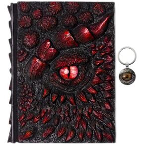 Dragon Secret Journal 3D Dragon Embossed Engraving Writing Notebook Retro Fantasy Journal Vintage Antique A5 Blank Paper Notepad Dragon Eye Keychain Gift (Red Dragon)