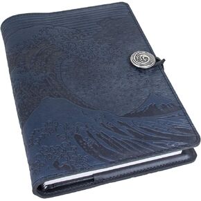 Oberon Design Genuine Leather Refillable Journal Cover with a Hardbound Blank Insert, 6x9 Inches, Hokusai Wave, Navy with a Pewter Button, Made in the USA