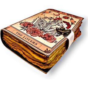 Grimoire journal - Leather Print journal - Blank spell book of shadows, wiccan, book of lovers gifts, Book of Spells Leather Journal Deckle Edge Paper Grimoire Printed Journal The Lovers Tarot