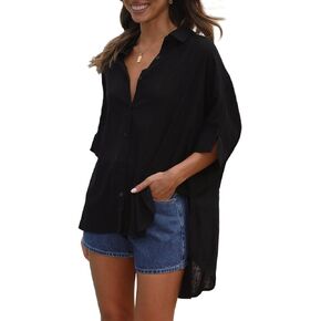 Fashionme 2024 Flowy Tops Blouses for Women 3/4 Sleeve Oversized Loose Casual Button Down Shirts Hi-Low with Slits