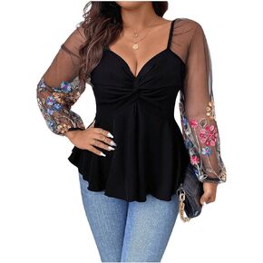 OYOANGLE Women's Plus Size Floral Embroidered Long Sleeve Mesh Blouse Twist Front V Neck Peplum Tops