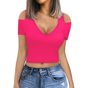 CLOZOZ Womens Sexy Tops Crop Tops for Women V Neck Shirts Short Sleeve Crop Top Cold Shoulder Tops Fitted Going Out Tops