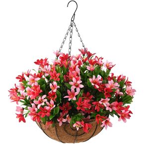 Homsunny Artificial Flowers Hanging Basket for Outdoor Indoor,Fake Orchid Flowers in Coconut Lining Hanging Basket for Home Courtyard Decoration, 5 Branches Flowers in 12'' Basket(Blend Color)