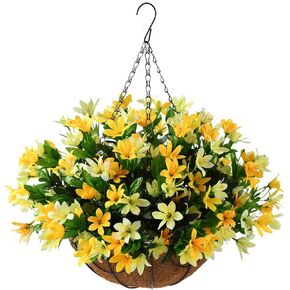 Homsunny Artificial Flowers Hanging Basket for Outdoor Indoor,Fake Orchid Flowers in Coconut Lining Hanging Basket for Home Courtyard Decoration, 5 Branches Flowers in 12'' Basket(Blend Color)